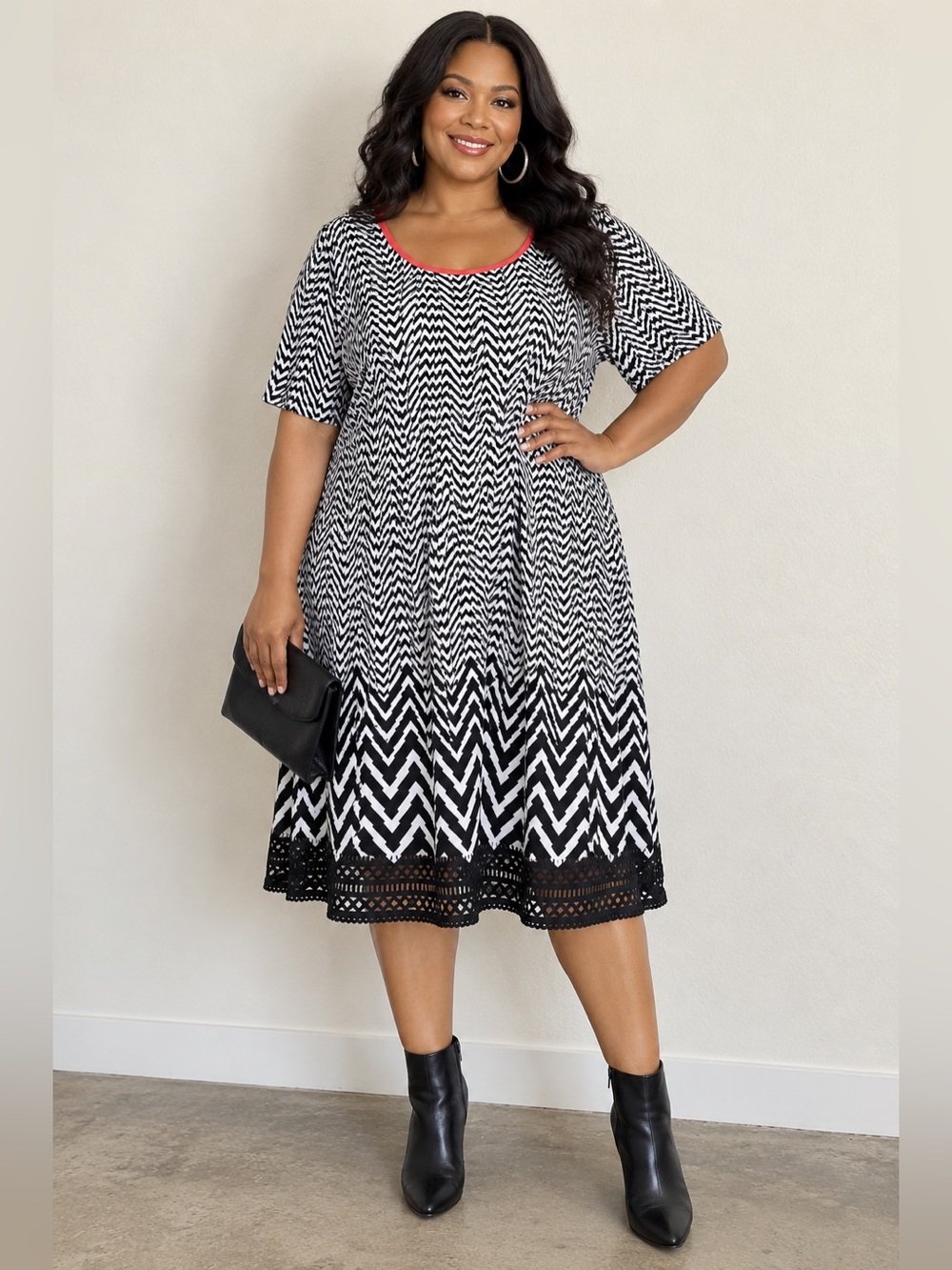 Signature by Robbie Bee Plus Size 2X Chevron Laser Cut Hem Artsy Boho Dress